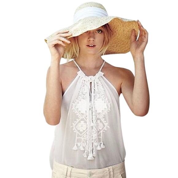 Andree DeLair‎ Anthropologie Embroidered Tunic Tassel Ethereal Boho Halter Top L - Picture 1 of 9